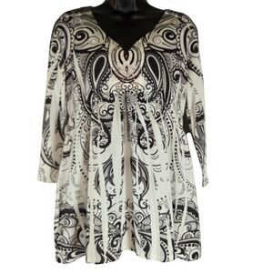 One World Tunic Top Paisley Print Embellished BOHO‎ V Neck 3/4 Sleeve Size L